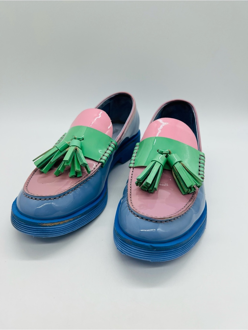 Jeffrey Campbell Glossy Pink, Green & Blue Patent Lenna Tassel Loafers Size 7.5